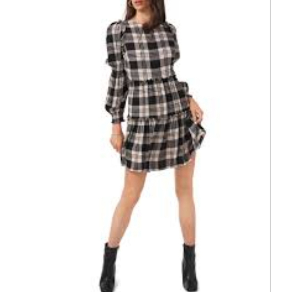1. State Plaid Longsleeve Rufgle Hem Mini Dress